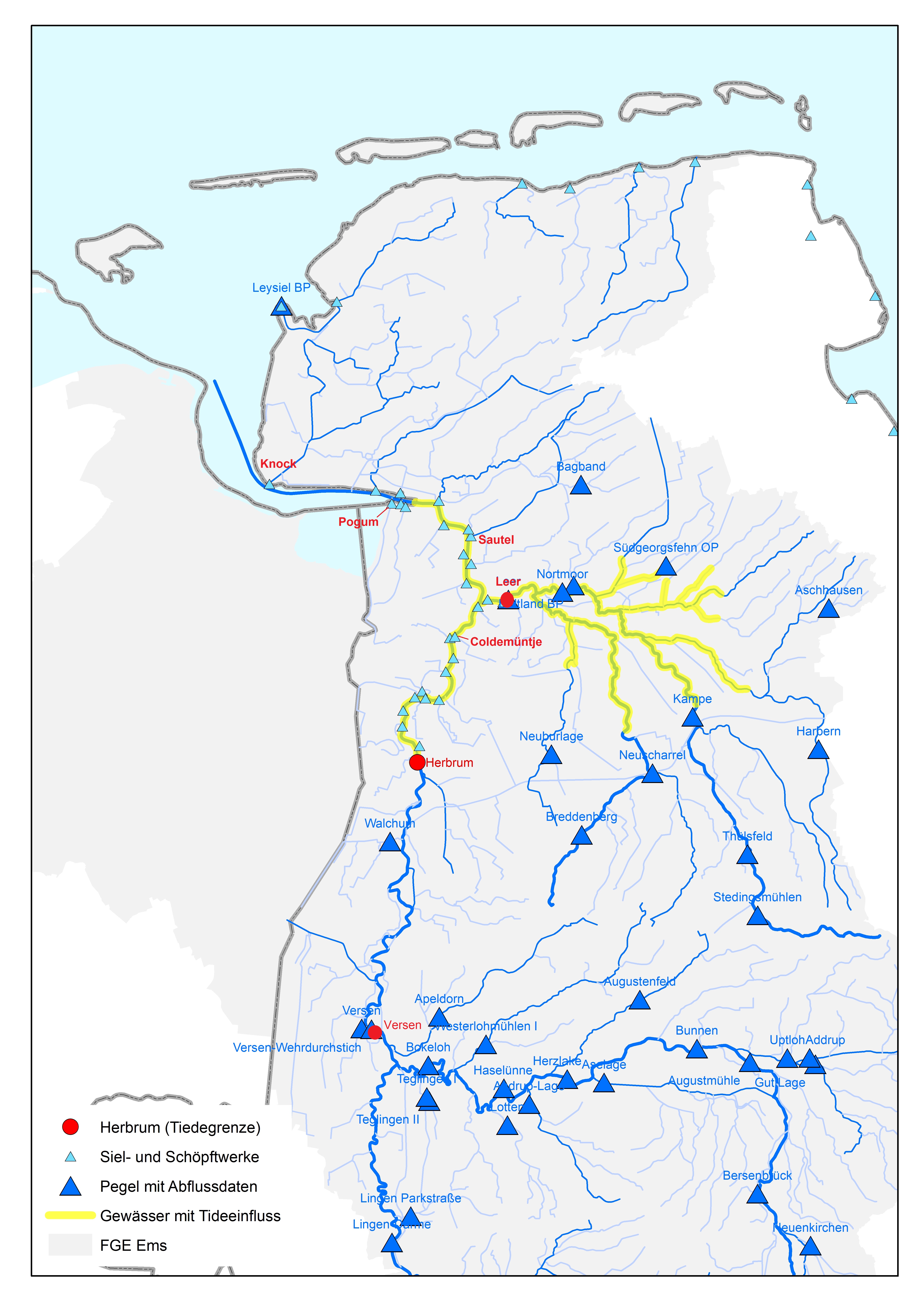 Overzichtskaart van hydrologische meetstations in het stroomgebied van de Eems en West-Duitse Waddenzee.